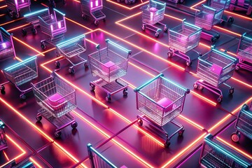 Obraz premium Drone Photography of a Shop Background with Floating Shopping Carts and Neon Pink Lines for E-Commerce Visuals