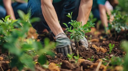 Fototapeta premium A person is planting a tree in a garden