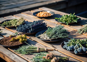 Culinary Treasures: Discovering the Rich Variety of Fresh Herbs and Spices in a Rustic Basket
