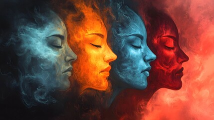 Fototapeta premium Artistic representation of four women in different colors, symbolizing emotions through vibrant smoke and abstract art.