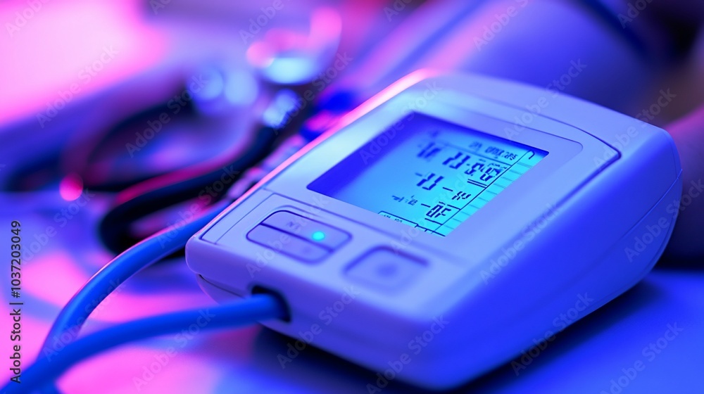 Poster close-up of a digital blood pressure monitor displaying a reading.