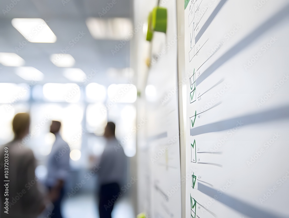 Poster close-up view of a checklist on a wall in an office, with blurred figures discussing in the backgrou