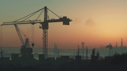 Fototapeta premium A crane is silhouetted against a beautiful sunset