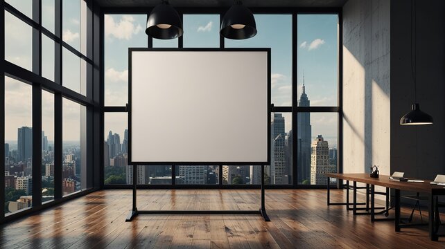 Blank Poster Mockup in Modern Office with City View - 3D Render
