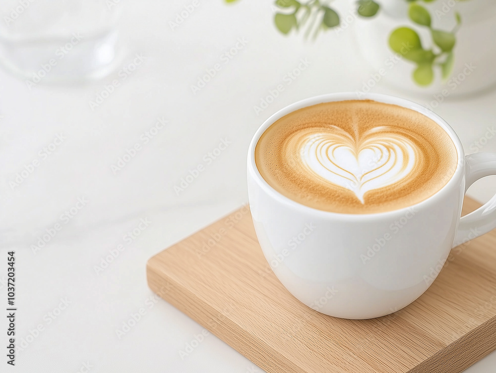 Wall mural close up white coffee cup with heart shape latte art on wood tab