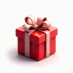 Obraz premium Red mini gift-shaped Christmas tree ornament, smooth and glossy, set against a white background. Realistic and festive for holiday decorations.