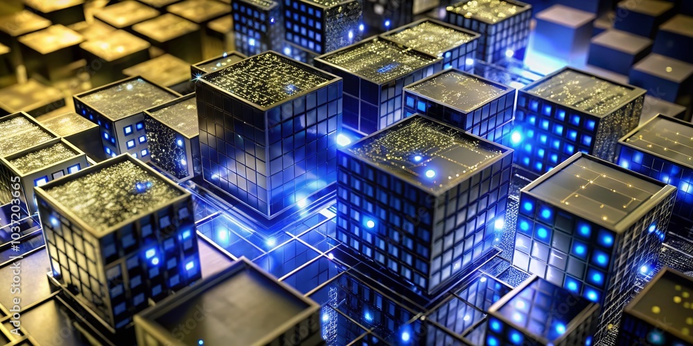 Poster dynamic abstract blue technology background featuring isometric cubes in blockchain and cryptocurren