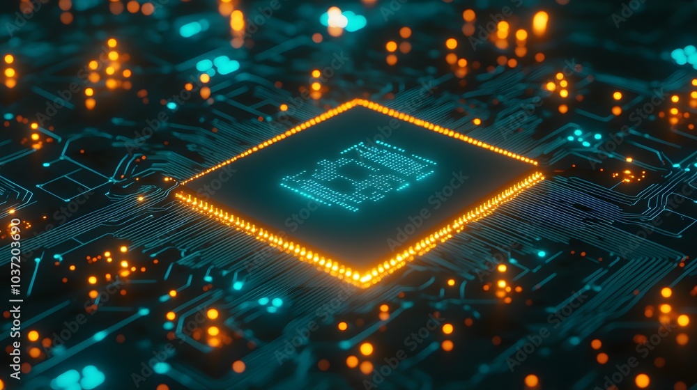 Aufkleber A detailed view of a computer chip surrounded by glowing circuitry, representing advanced technology and digital innovation.