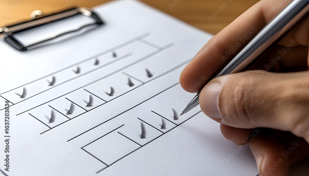 Poster hand marks checklist with a pen on paper, symbolizing task completion and organization in personal o