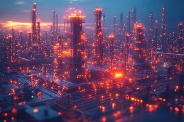 Fototapeta premium A futuristic industrial cityscape illuminated by glowing lights at dusk.