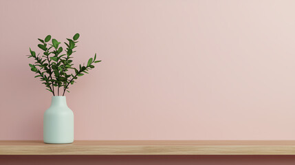 A minimalist display of greenery a stylish vase with lush foliage against a soft pink background