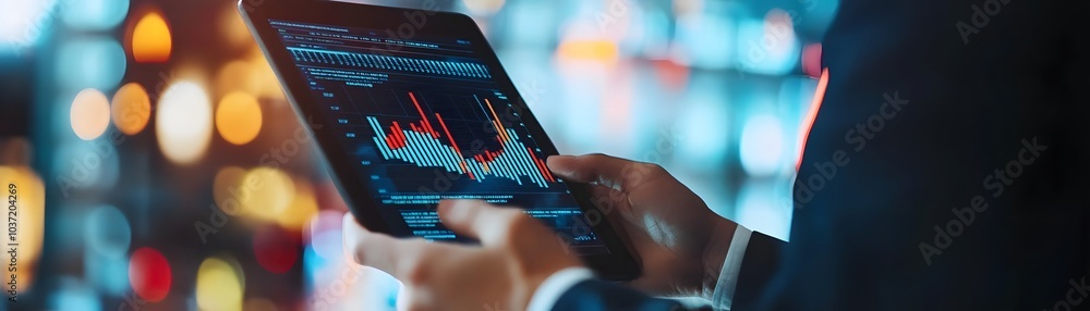 Poster professional analyzing financial data on a tablet in a modern office environment with colorful light