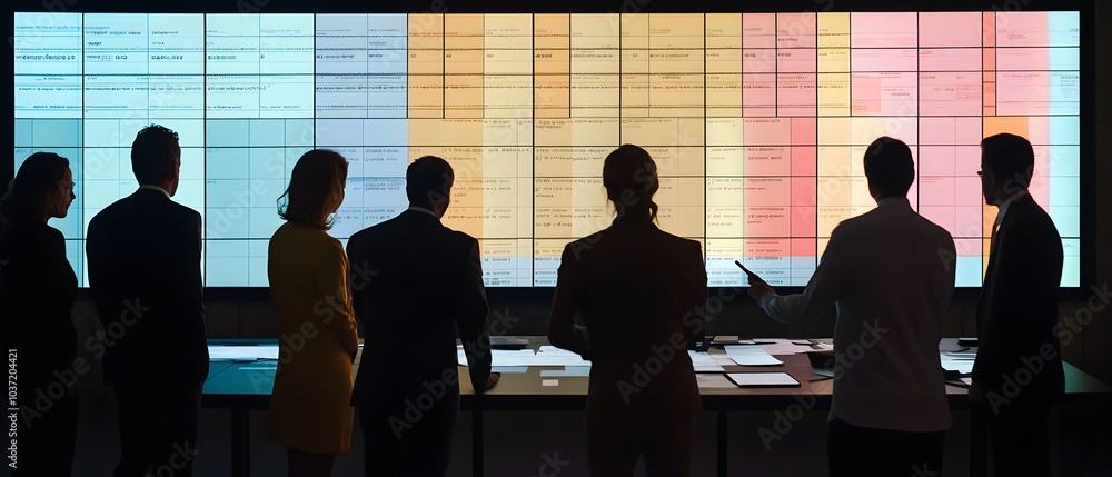 Poster silhouettes of professionals observing data on a large screen in a modern workplace, emphasizing tea