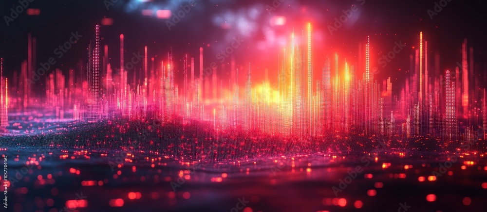 Poster abstract digital landscape with vibrant lights representing data visualization.