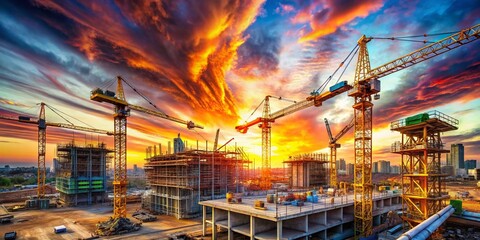 Dynamic Panorama of a Large Construction Site with Cranes in Motion for Stunning Landscape Photography