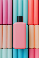 Vibrant pink bottle against a colorful background a modern aesthetic in product photography