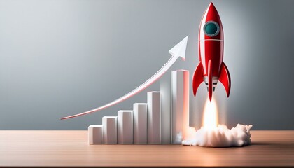 Red rocket launching next to ascending bar graph on light background, symbolizing business growth and startup success.