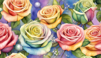 Rainbow Coloured Roses and White Pearls on Blue and Purple Watercolor Background