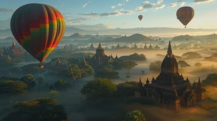 A hot air balloon is flying over a city with many buildings