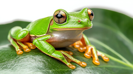 Naklejka premium Vibrant green frog resting on leaf a captivating snapshot of nature's beauty and wildlife
