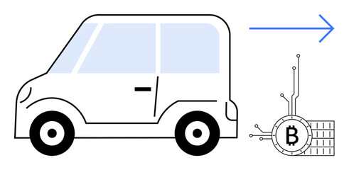 An electric car is heading towards a Bitcoin icon with circuitry design and blue arrow symbolizing forward movement. Ideal for sustainable transportation, cryptocurrency, technology, innovation