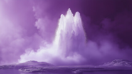 A beautiful white geyser erupting in full force against a deep purple background, offering a striking and eye-catching contrast. The composition provides ample space for text, maki