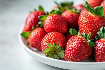 Fresh juicy red strawberries on a white plate - vibrant fruit close-up.