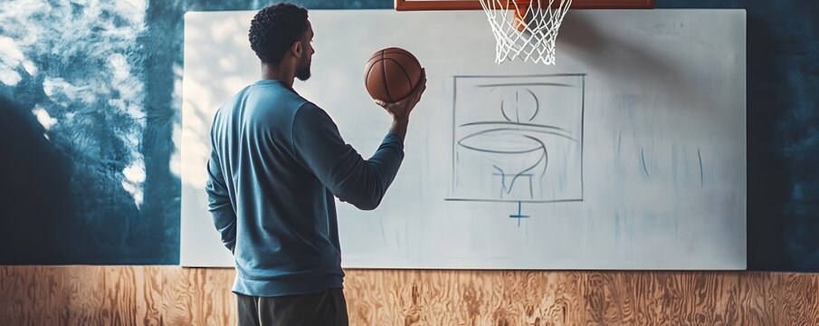 A basketball coach prepares for practice, illustrating strategies on a whiteboard while holding a ball, showcasing leadership.