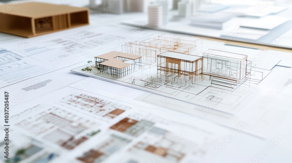 Poster architectural model displayed on design blueprints and plans.