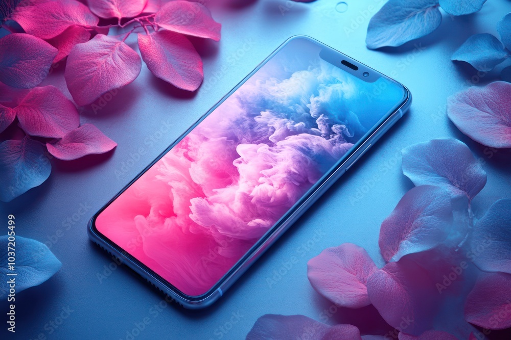 Poster a smartphone displaying colorful cloud patterns surrounded by petals.