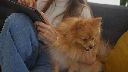 A young hispanic woman relaxing with her beautiful pomeranian dog in a cozy living room at home.