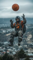 Fototapeta premium A parachutist balances a basketball mid-air.