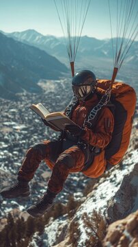 A parachutist reads a book while descending.