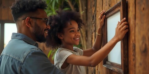 man and woman hanging a painting frame on wall