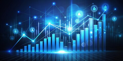 Fototapeta premium Economic Growth Chart with Finance and Banking Elements on Dark Blue Background for Digital Marketing Strategy