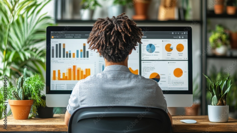 Poster person analyzing data on a computer surrounded by plants.