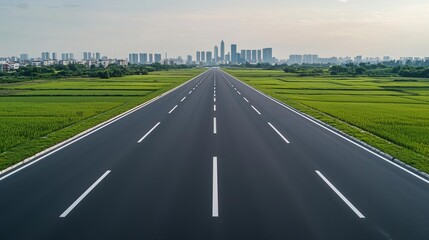 Fototapeta premium A wide empty highway stretching into a calm urban skyline, surrounded by green spaces and minimalist architecture, highway design, urban peacefulness