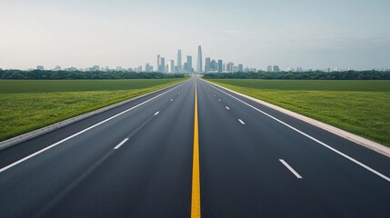 A wide empty highway stretching into a calm urban skyline, surrounded by green spaces and minimalist architecture, highway design, urban peacefulness