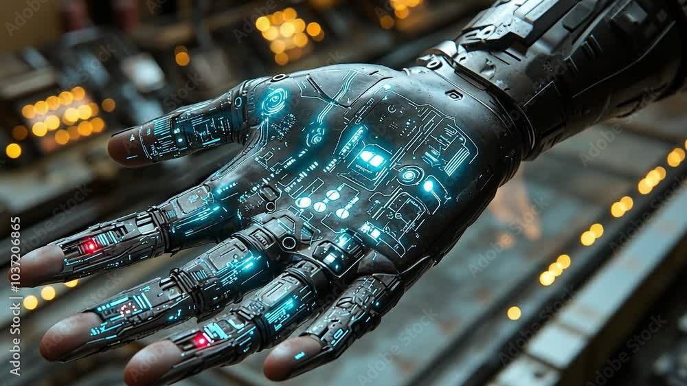 Poster This detailed robotic hand with illuminated circuitry displays advanced technology in a modern setting. Prosthesis