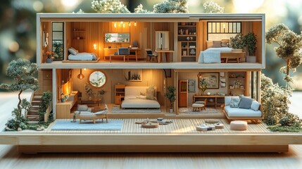 A detailed miniature house model showcasing modern interior design and natural elements.