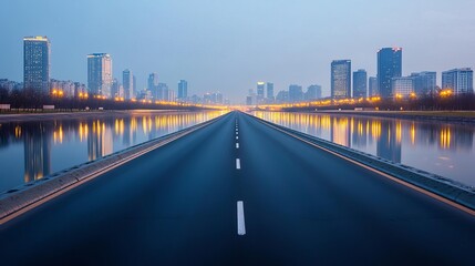 Naklejka premium A city highway leading through modern urban structures with calm reflections in nearby water bodies, captured during a quiet evening, urban highway, serene evening