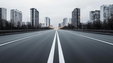 Fototapeta premium A city highway leading through modern urban structures with calm reflections in nearby water bodies, captured during a quiet evening, urban highway, serene evening