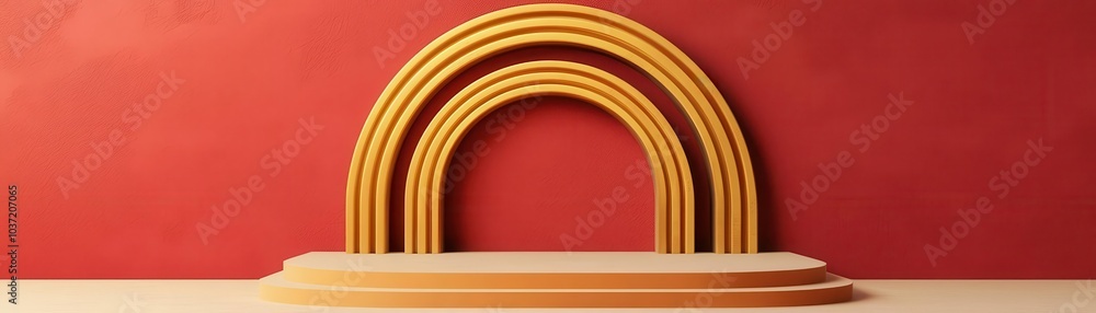 Poster a colorful arch design set against a bold red background, featuring layered semicircles and a flat p
