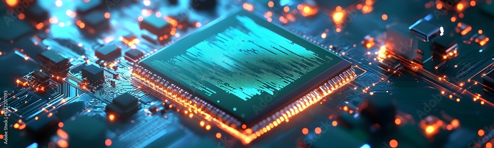 Poster a vibrant circuit board with a glowing microprocessor at the center, showcasing intricate technology