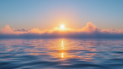 Obraz premium Serene Dawn Over Calm Ocean: Fog and Golden Sunrise Reflections