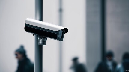 Modern Surveillance Camera Overseeing Urban Street with Motion Blur of Passing Pedestrians