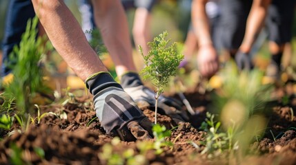 Fototapeta premium A man is planting a tree in the dirt