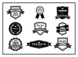 A Set of Monochrome Shopping and Business Emblems With Messages