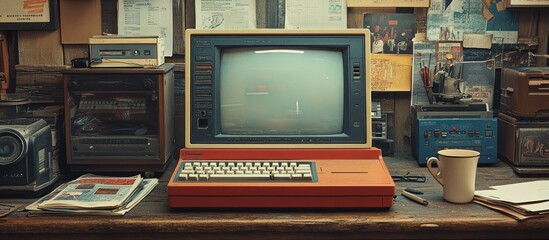 A retro computer setup with vintage electronics and a coffee cup on a wooden desk.