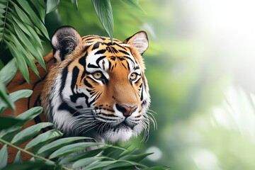 Fototapeta premium Majestic tiger among lush greenery a close-up encounter with nature's beauty